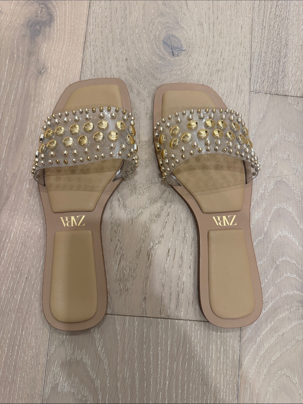 Zara Beige Slide Sandals with Gold Studs